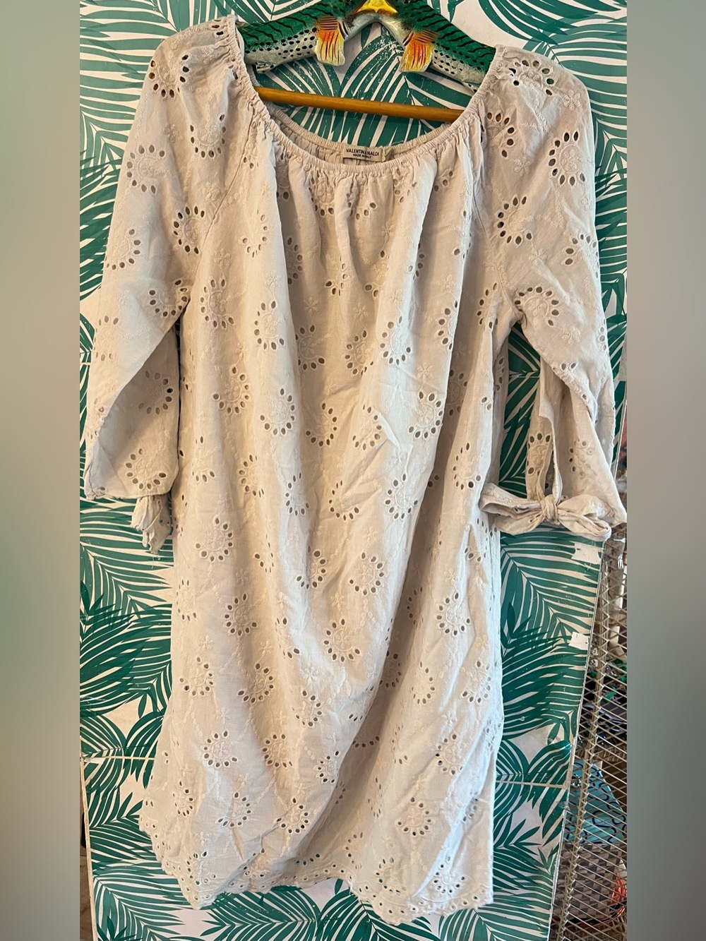 Valentina Naldi light beige cotton eyelet dress features an off-the-shoulder szL